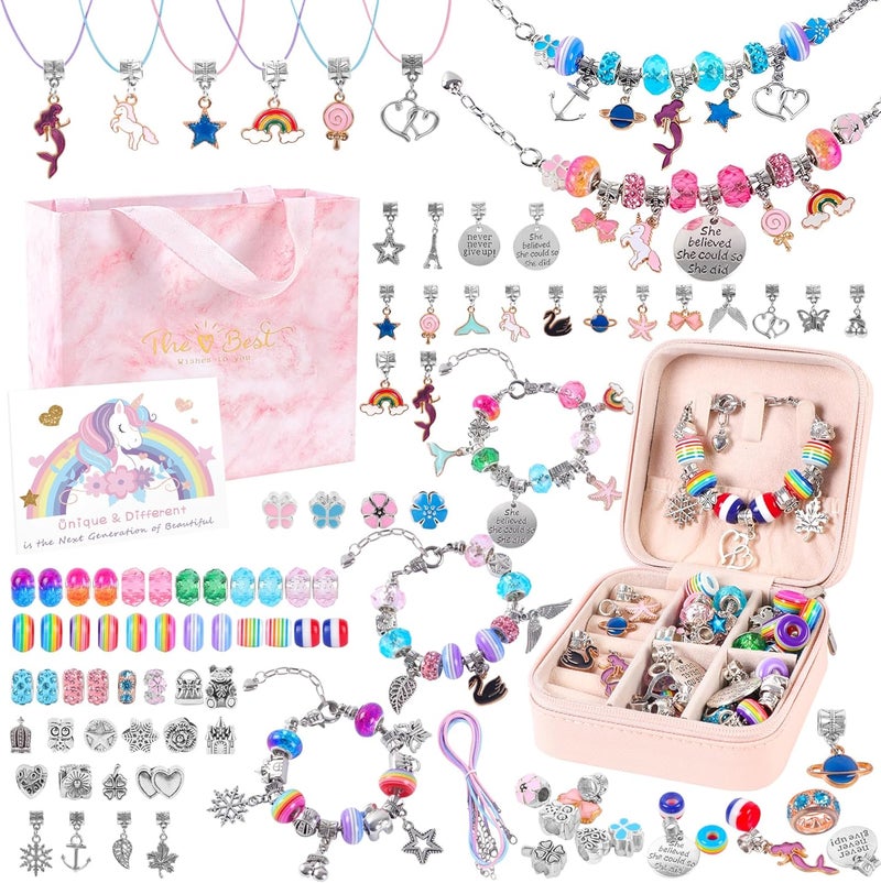 ELLENER Charm Bracelet Jewelry Making Kit - A Perfect Birthday Holiday Gift for Girls Age 6 7 8 9 10 with Portable Jewelry Box, Cute & Sparkling to Inspire Creativity and Self-Expression, Great Value - Image 1